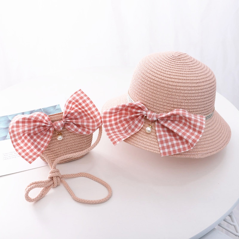 Zomer Kind Prinses Leuke Cartoon Stro Hoed Met Handtassen Tassen 2 Stuks Een Set Kids Meisje Baby Boog Plaid panama Zonnehoed
