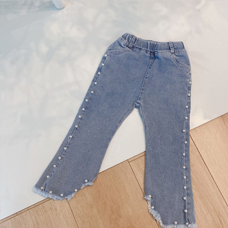 Children Kids Denim Jeans Faux Pearls Beading Full Length Trousers Girls Casual Flare Boot Cut Pants