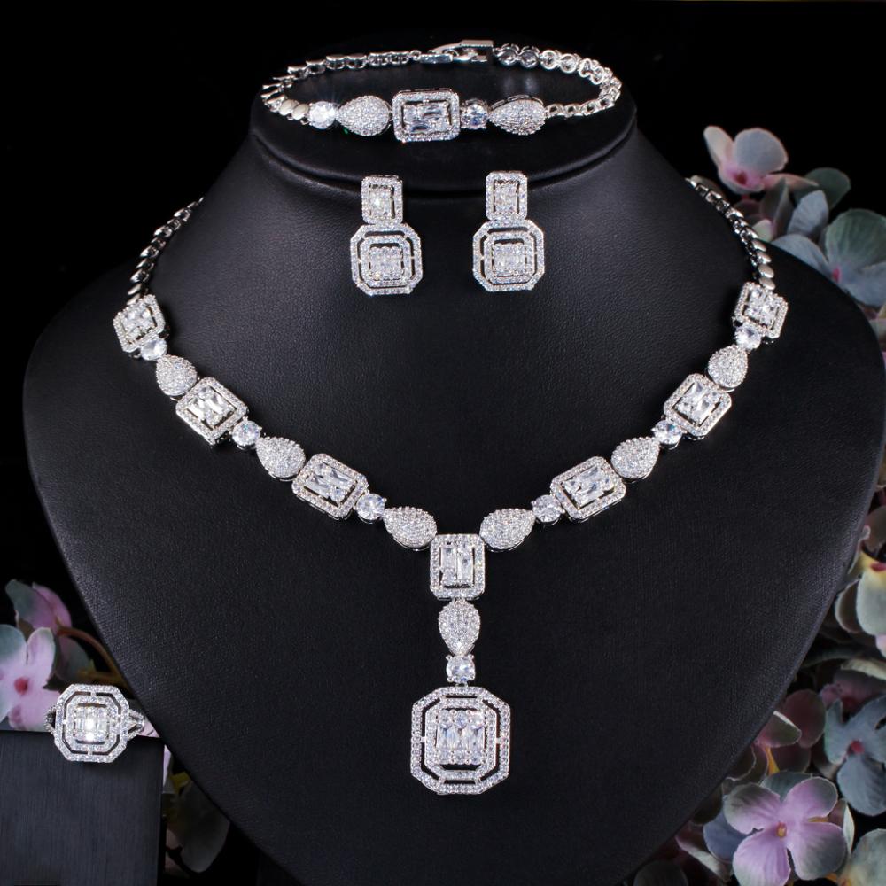 Cwwzircons 4 Pcs Luxe Witte Kubieke Zirkoon Vrouwen Bruiloft Kostuum Sieraden Sets Voor Bruiden Dubai Goud Kleur Party Accessoires T483: Silver