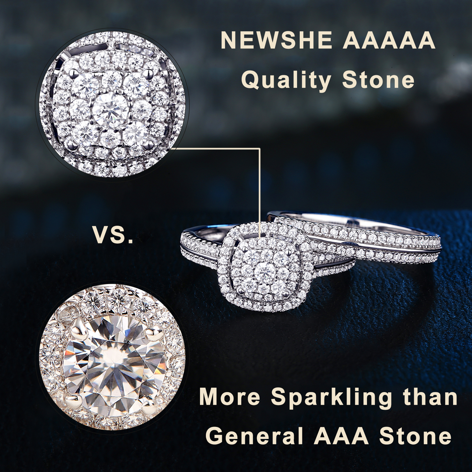 Newshe 2 Stücke Eheringe für Frauen Solide 925 Sterling Silber Verlobungsring Braut Set 1,6 Karat Halo Rundschliff AAAAA Zirkon