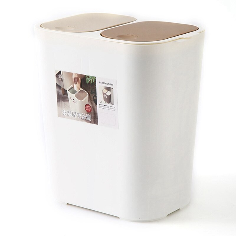 Dry and Wet Classification Double-Barrel Trash Can Nordic Simple Press Household PP Plastic Waste Bins with Cover: Light Yellow