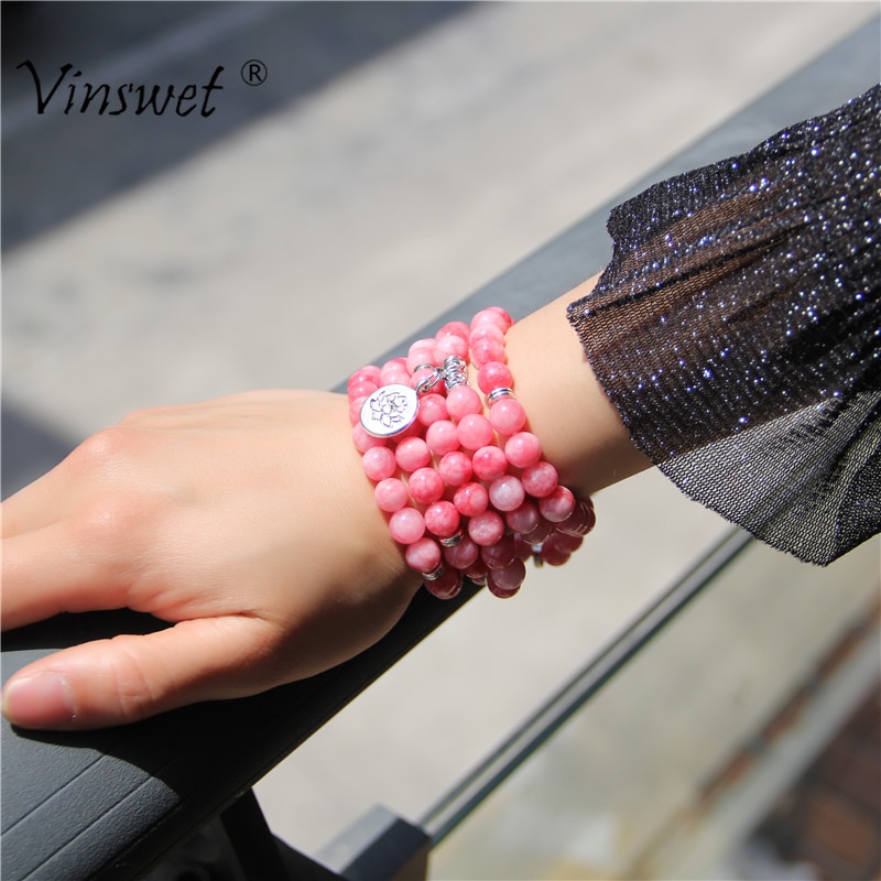 Kvinde mala halskæde & armbånd til kvinder natursten rhodochrosite perler yoga armbånd mala lotus 108 perler pink armbånd
