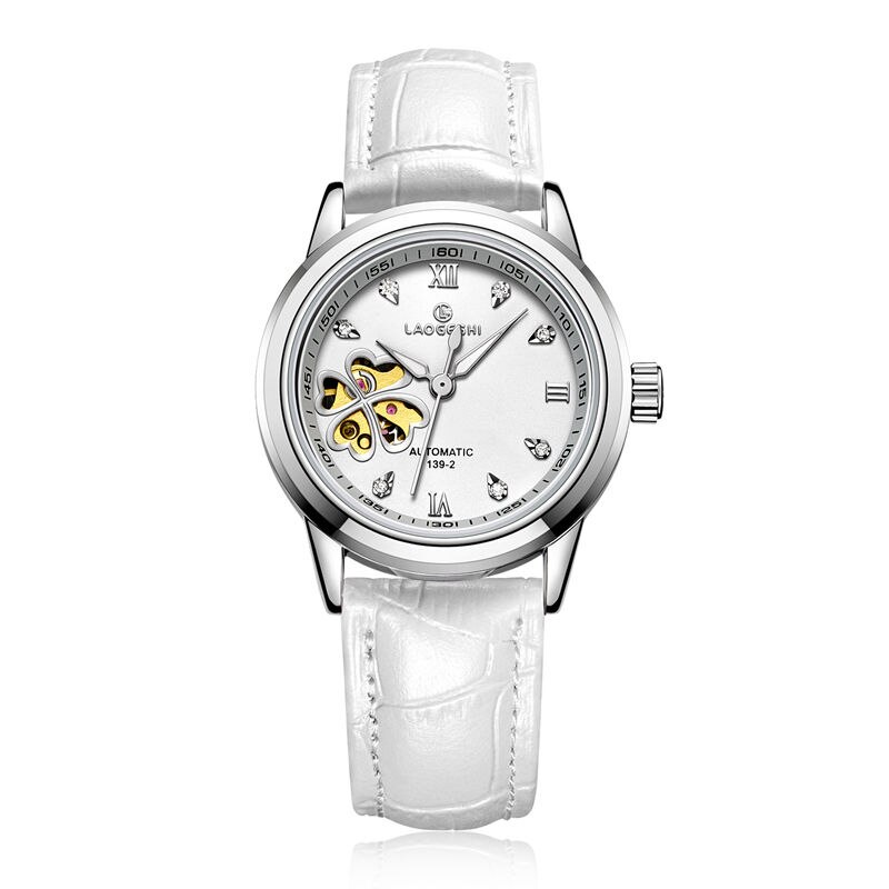 Vrouwen Automatische Mechanische Horloges Diamant Klavertje Vier Horloges Dames Rose Lederen Horloge Waterdicht Senhoras Assistir: Blauw