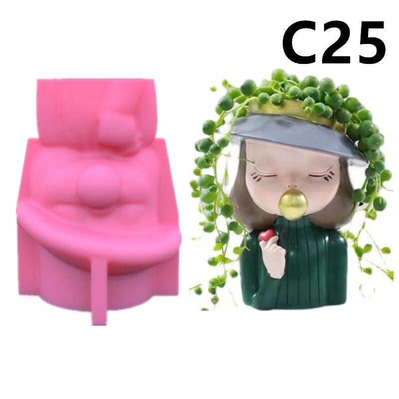 Sweet Girls Clay Flowerpot Silicone Mold Art Sculpture Flower Pot Concrete Cement Resin Molds Pen Storage Box Making Mould: C25
