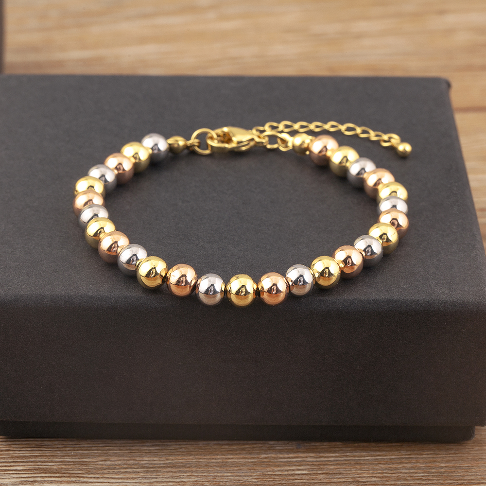 AIBEF-pulsera clásica Simple de cuentas redondas de cobre para mujer, brazalete ajustable de Color dorado/plateado/rosa, accesorios de joyería, de cumpleaños: Color amarillo dorado claro