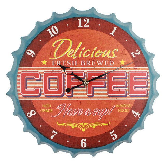 35cm Bottle Cap 3D Wall Clock Retro Beer Wine Modern Iron Metal Silent Quartz Clocks Bar Living Room Home Decor: coffee