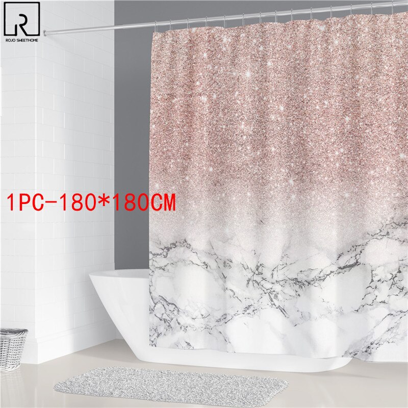 Rideaux de douche en marbre rose, décor brillant pour salle de bain, tissu en Polyester, couverture de toilette, tapis, accessoires de WC: 1PC180x180cm-B
