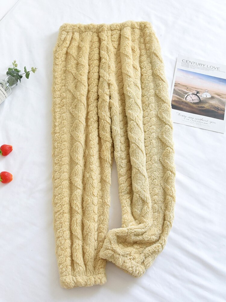 Pantalones de dormir de franela con cintura elástica para mujer, ropa para el hogar, informal, gruesa, holgada, a la , para estudiantes: yellow / M