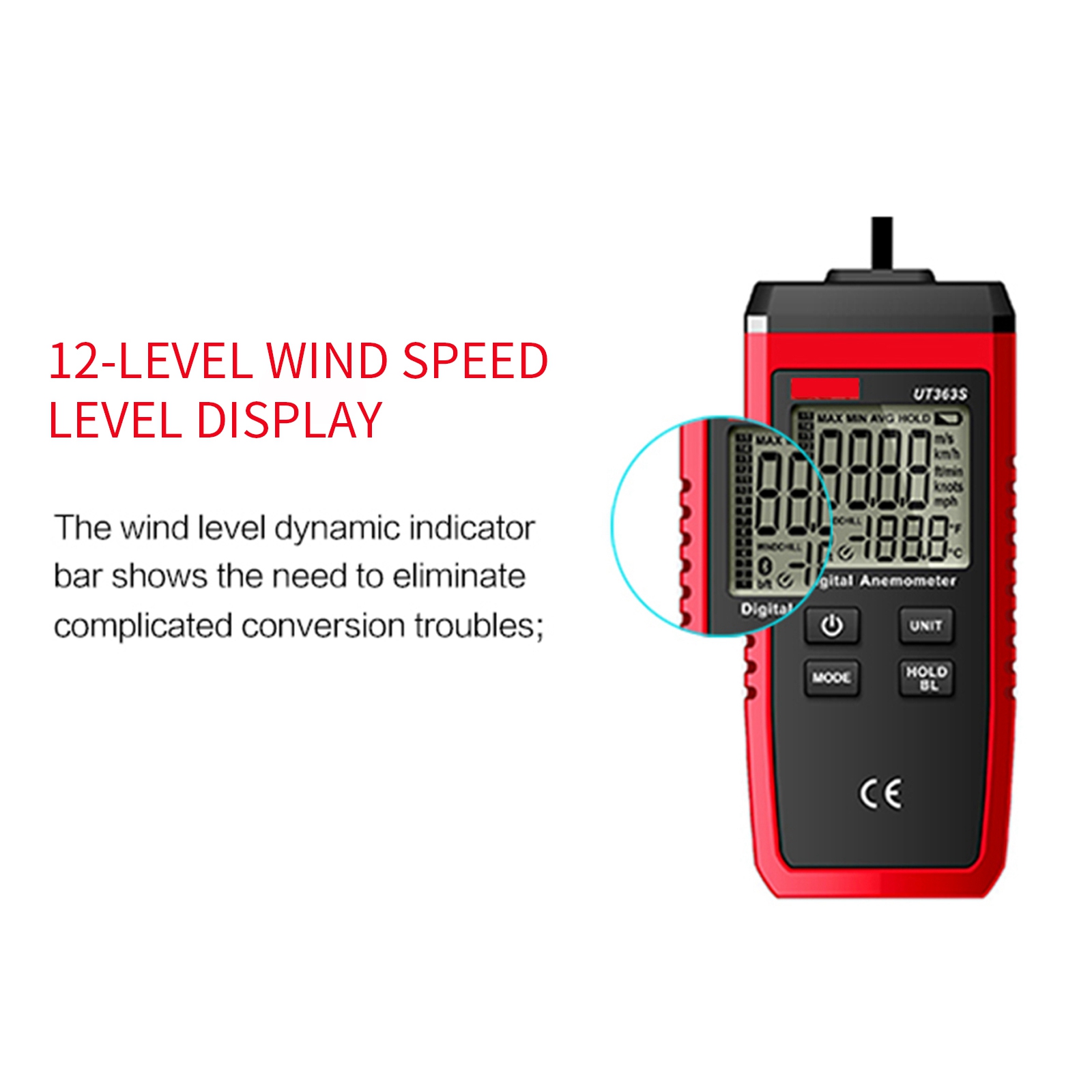UT363S Anemometer LCD Display Digital Wind Speed Meter Measures Tester Outdoor Windsurfing Air Wind Velocity Measurement