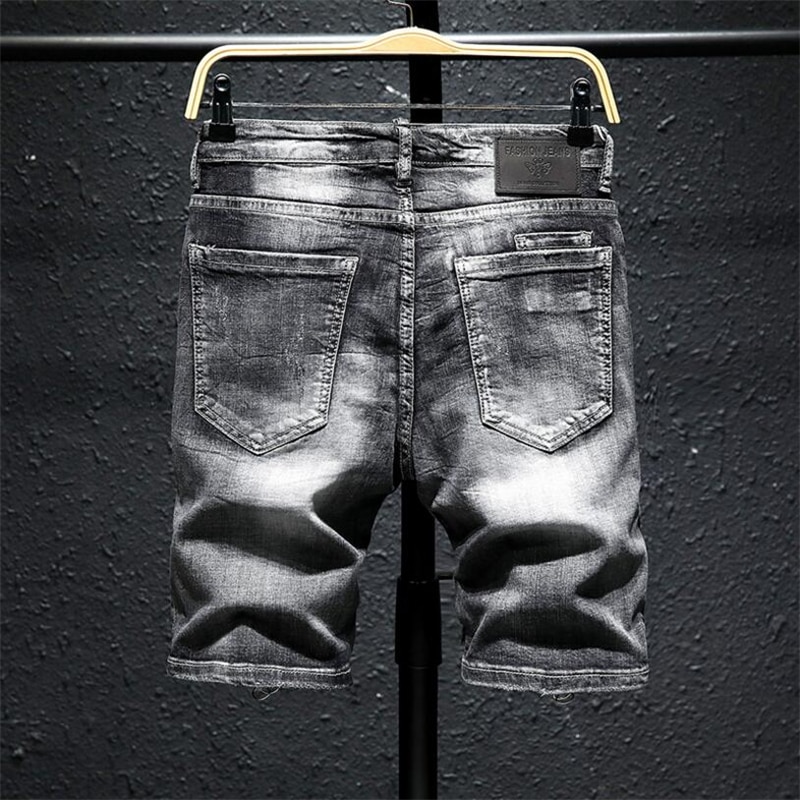 Mænd grå ripped denim shorts sommer huller sorte korte jeans bløde bomuld stretch jeans korte knælange jeans