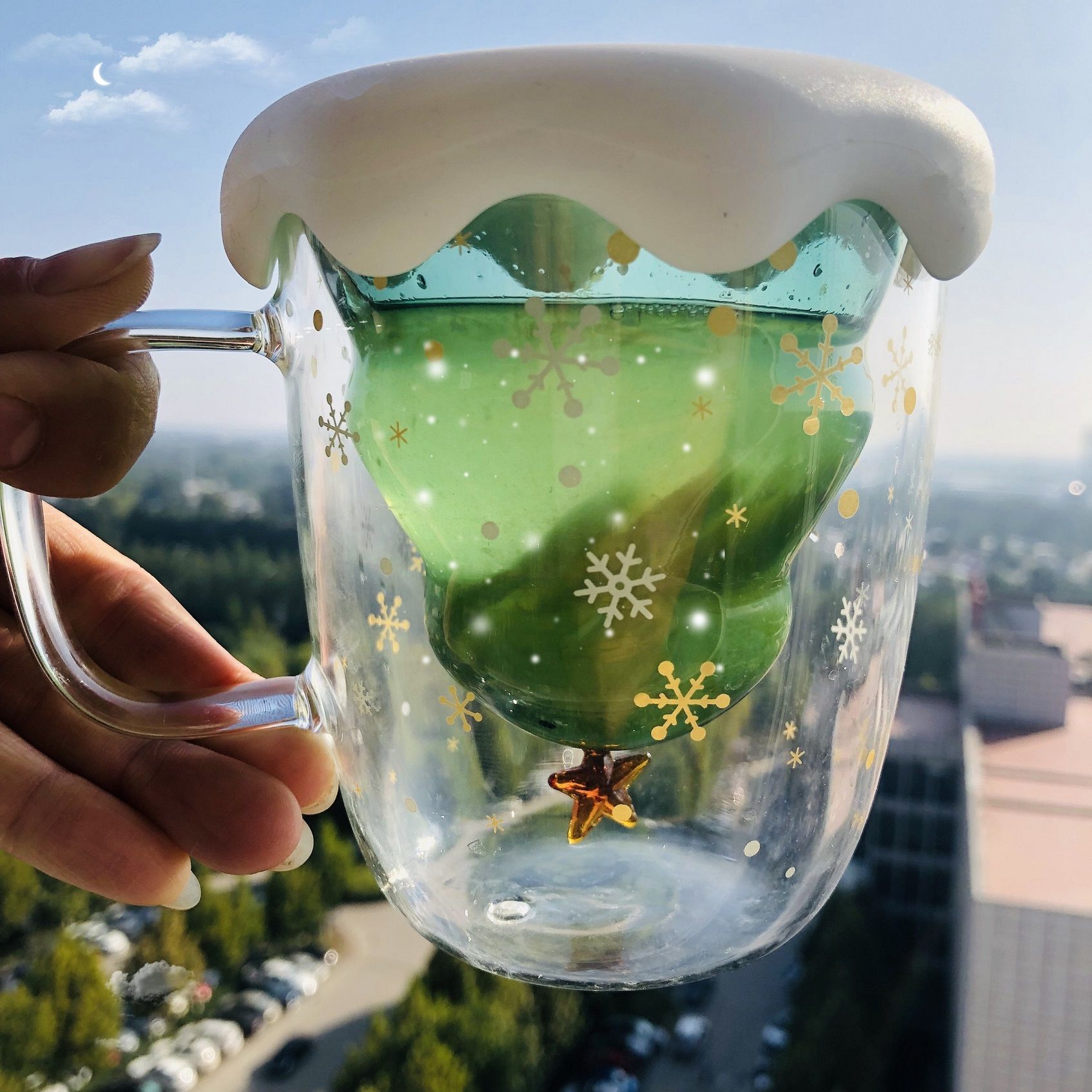 Christmas Mug Double Layered Anti Scald Glass Tree with Lid Glass Cup High Temperature Coffee Wishing Cup Xmas