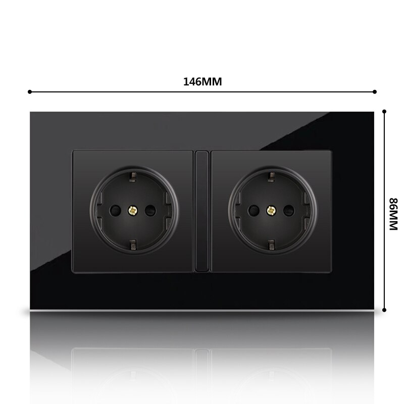 PSSRISEWall Crystal Glass Panel 146*86 Multi Way Power Socket Plug Grounded 16A EU Standard Electrical Outlet Double Socket stri: black