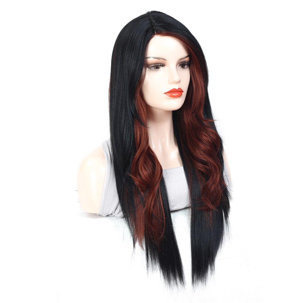 X-TRESS Split Color 2 Part Splice Wigs Black & Dark Red Heat Resistant Trendy Lace Front Synthetic Wig for White Women 26 Inches