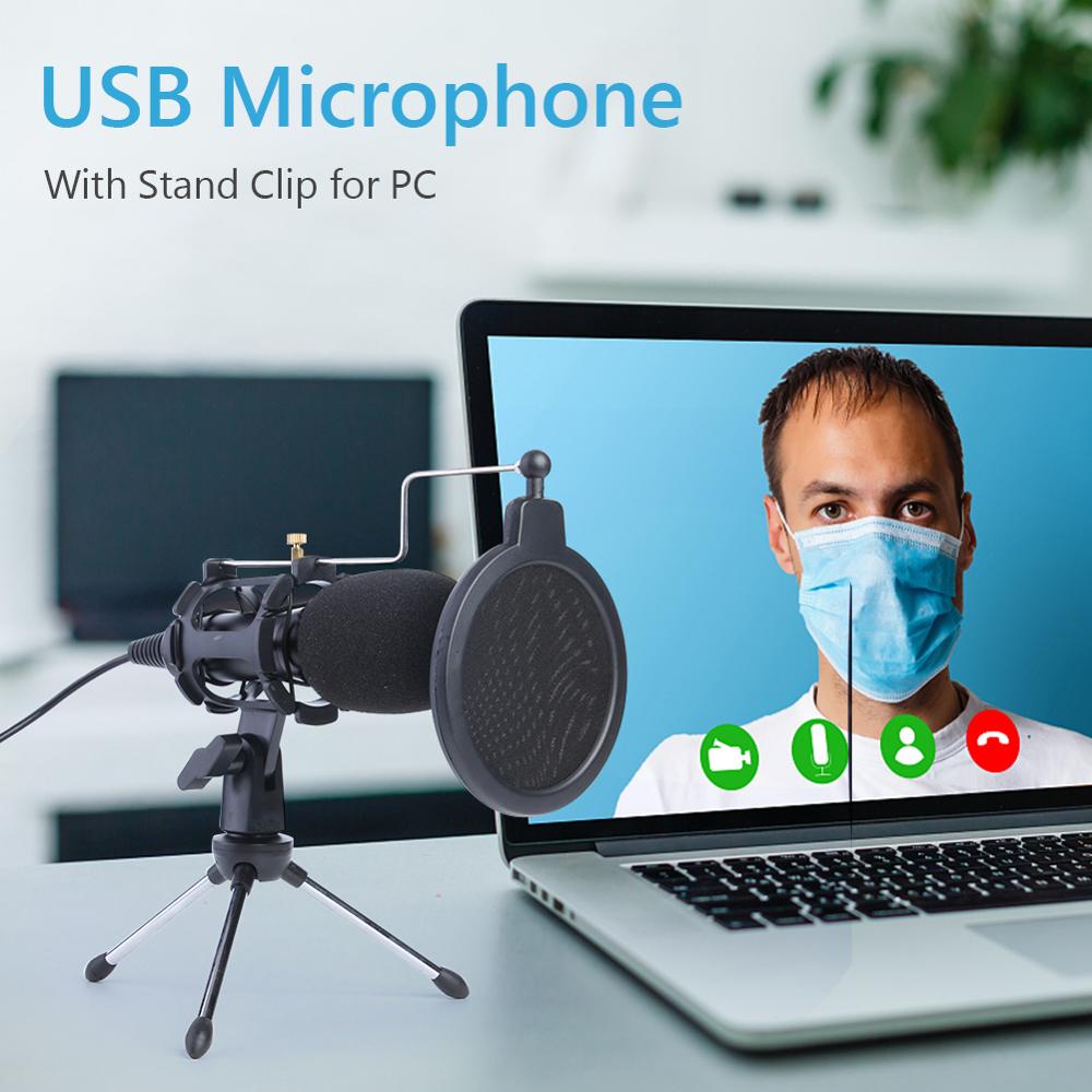 USB Microphone Condenser Wired Handheld Mic Condenser with Folding Stand Windshield for PC Chatting 170*32*32mm