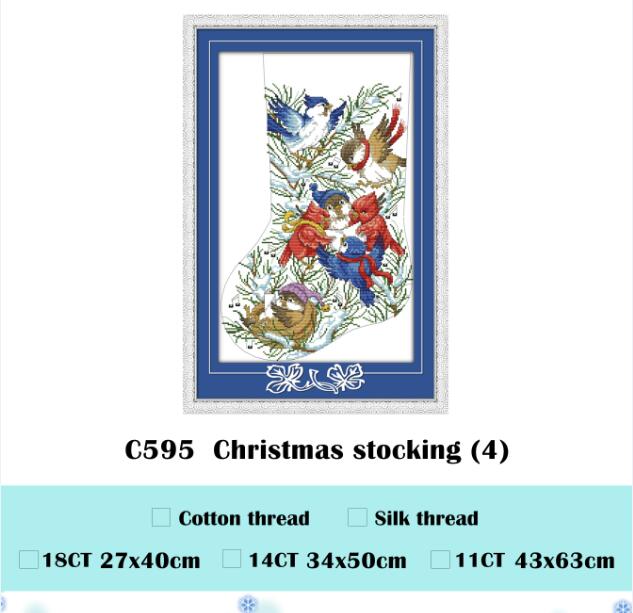 Christmas stocking (2) cross stitch kit DIY hand embroidery set craft handmade needlework: plum / 11ct print canvas