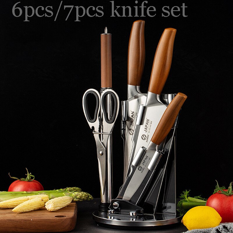 Japanese 6pcs/7pcs Knife Set Slicing Chopping Kitchen Knives Sets Santoku Chef's Cleaver Sharpener Knife Holder Scissors Set