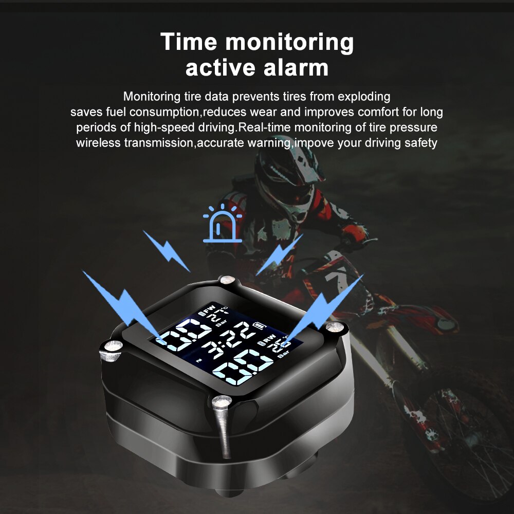 Motorcycle TPMS Motor Tire Pressure Tyre Temperature Monitoring Alarm System with 2 External Sensors USB Solar Charging