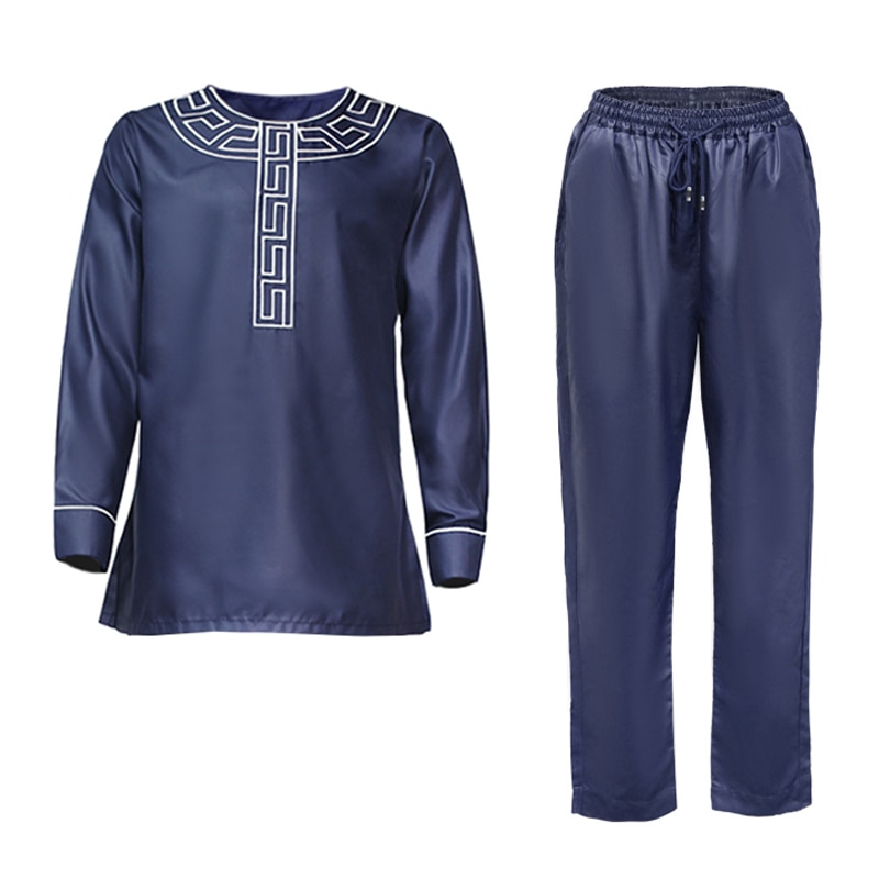 MD African Men Clothes Dashiki Embroidery Shirt Pants 2 Pieces Set Musulman Ensembles Bazin Riche Ankara Outfit PH8086