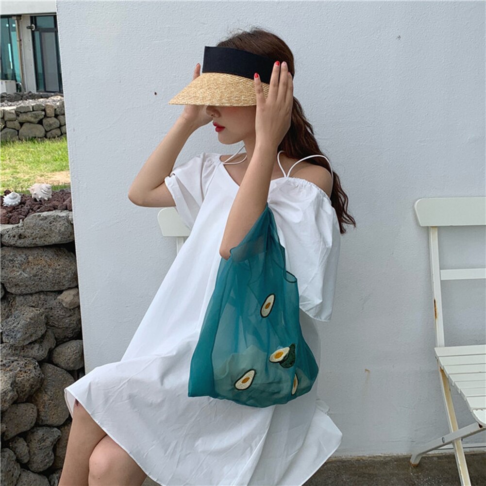 Kvinner organza mesh gjennomsiktig totes frukt broderi håndvesker koreansk stil kvinnelig øko handlepose vesker