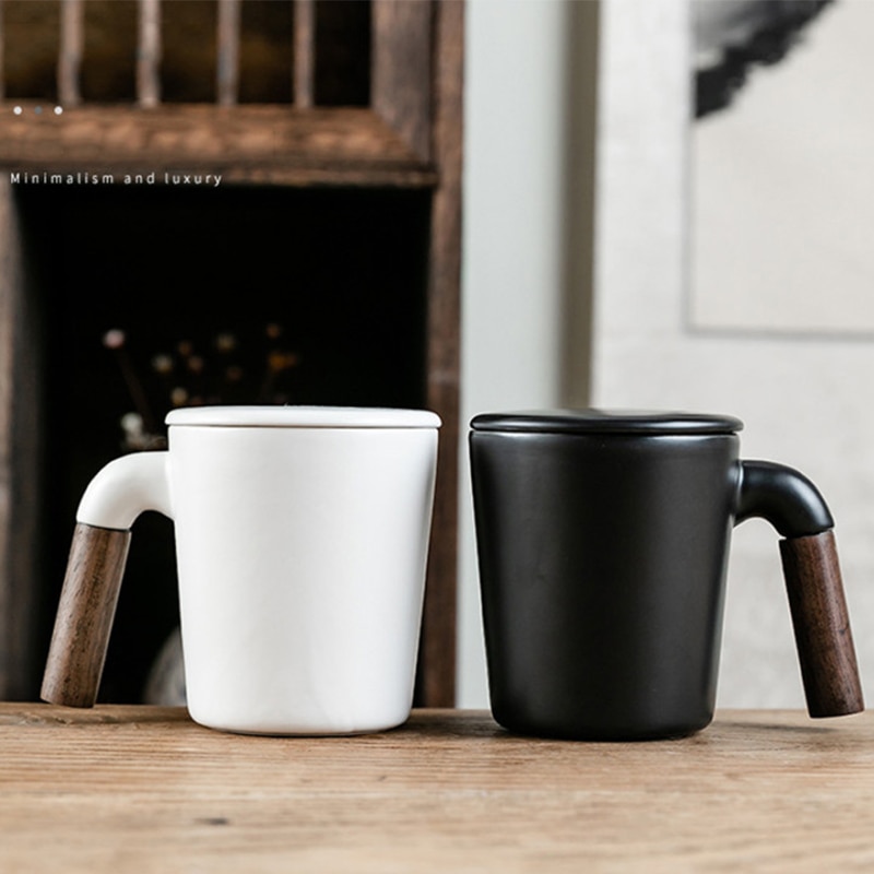 Ceramic Cup Simple Cup With Lid Wooden Insulated Handle Black And White Ceramic Milk Coffee Drink Cup Coffee Appliance