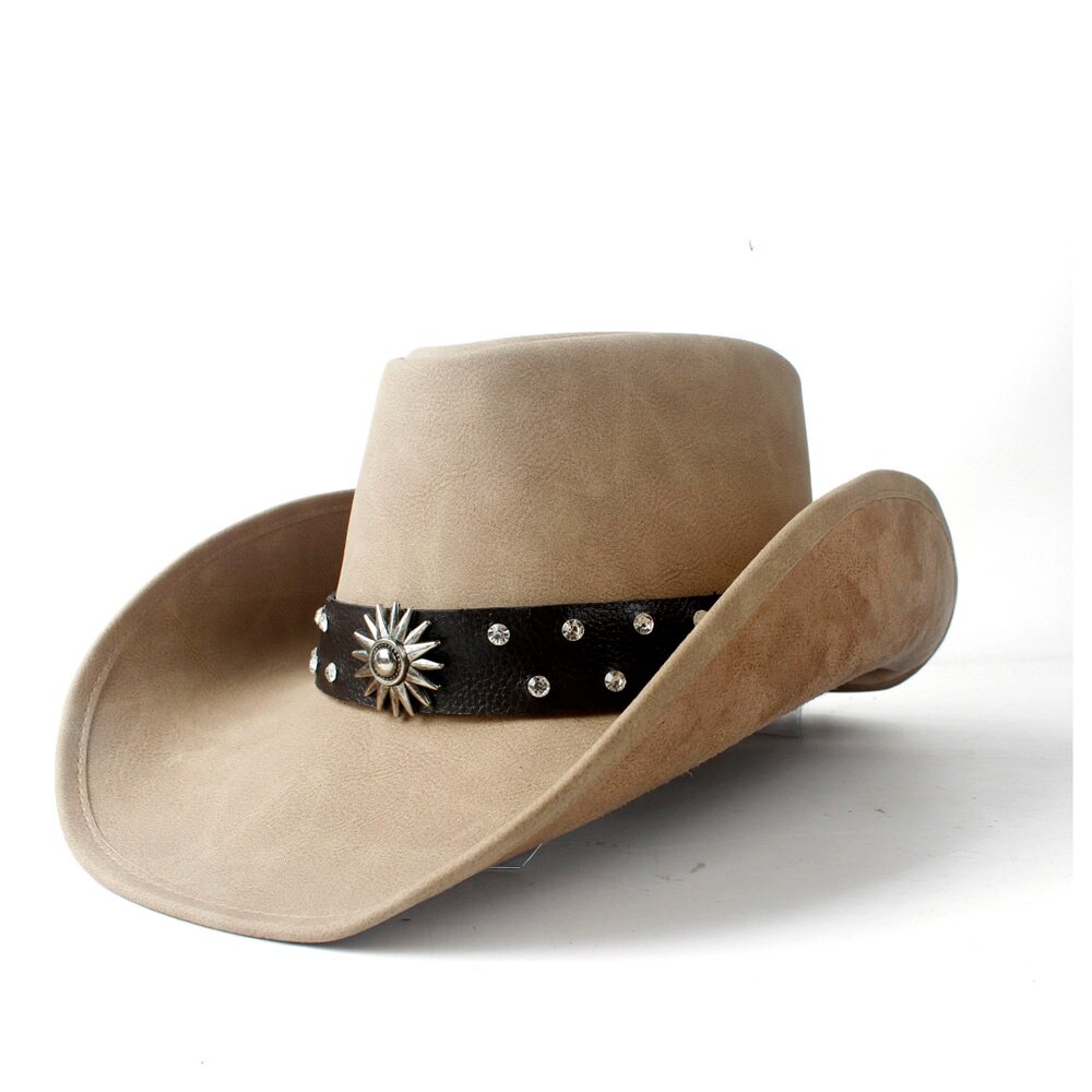 Retro Unisex Western Cowboy Cowgirl Hat With Punk Leather Ribbon Lady Dad Sombrero Cap Roll Up