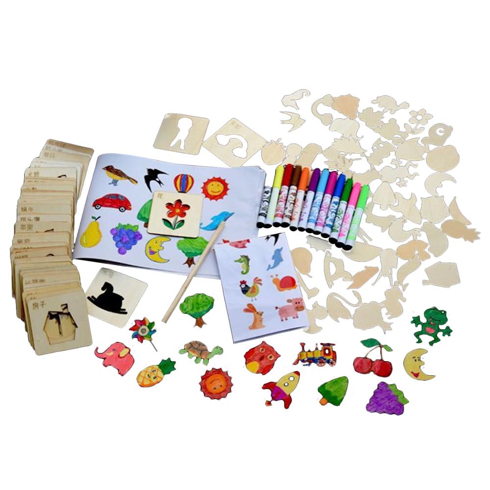 120 pièces peinture coloré pochoir Kit ensemble avec brosse copeaux de bois pochoirs référence dessin crayon école modèle aléatoire jouets