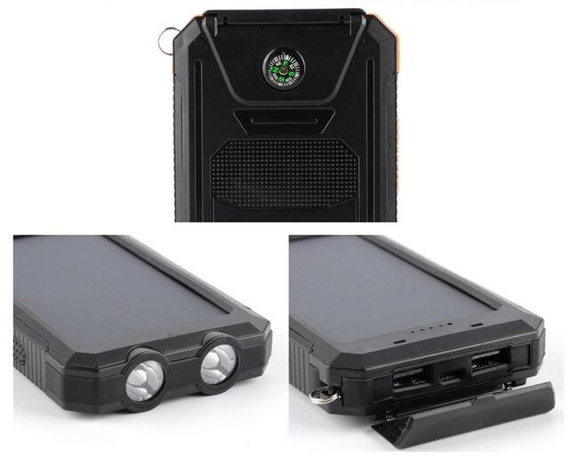 Cargador de batería solar portátil GGX ENERGY 8000mah para teléfono exterior, brújula de Camping + polvo/agua + luz LED + 2 salidas xUSB