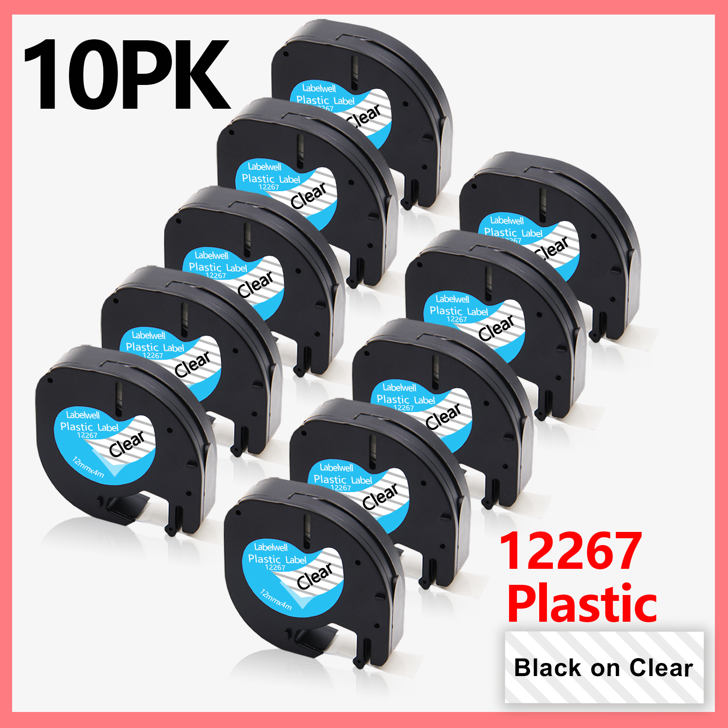 10PK Compatible Dymo LetraTag 91201 91202 12267 91200 91203 91204 91205 Plastic Label Tapes 12mm*4M for Dymo LT-100H LT-100T XR: 10PK Black on Clear