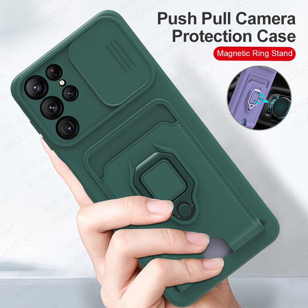 S22Ultra Case Push Slide Camera Protect Shockproof Cover For Samsung S22 Ultra S 22Ultra Car Magnetic Ring Stand Card Slot Cover