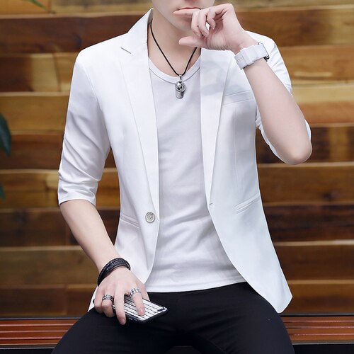 Blazer Men Summer Fashionable Casual Solid Half Sleeve Slim One-button Blazer for Men: White / L