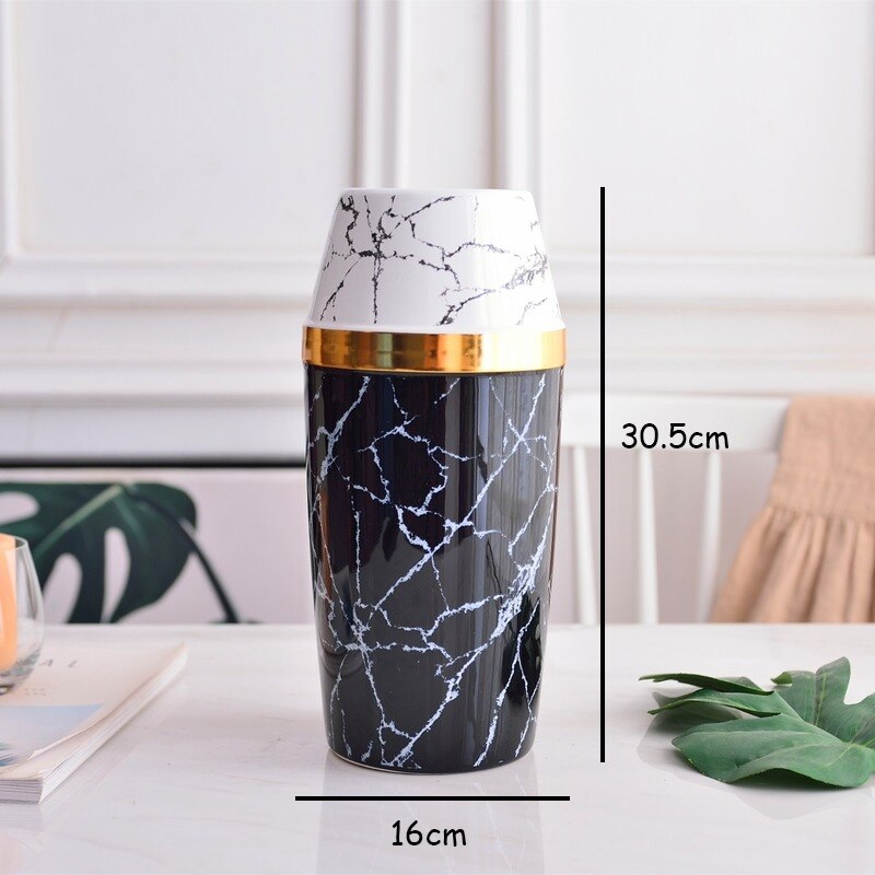 nordisch Moderne Weiß Schwarz Marmor aufbringen Vase Gold Rand Handwerk Keramik Vermittlung Blume Vase Wohnzimmer Dekoration Zubehör: C-16x16x30.5cm