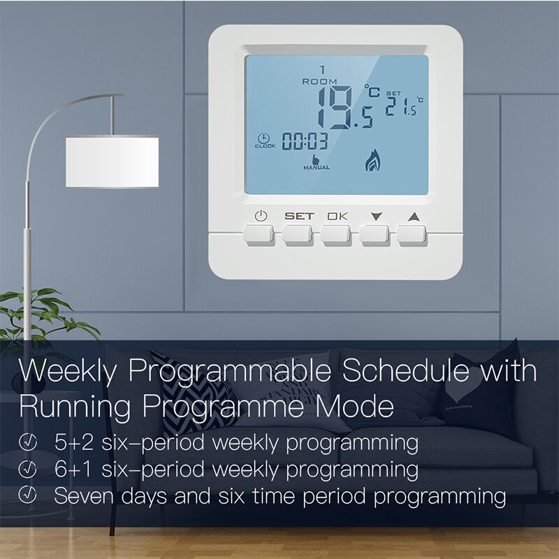 5A LCD Wall-Hung Thermometer, Water Gas Boiler Heating Temperature Controller Programmable Battery Thermoregulator Backlight