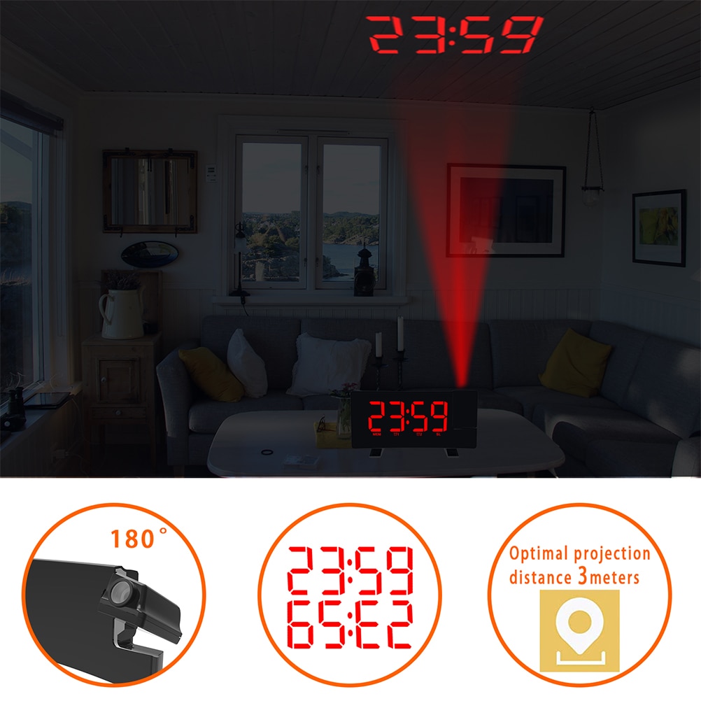 Digital Alarm Clock LED Screen Dual Alarm Snooze Projection Clock Dimmer FM Radio USB Recharge Electronic Clock