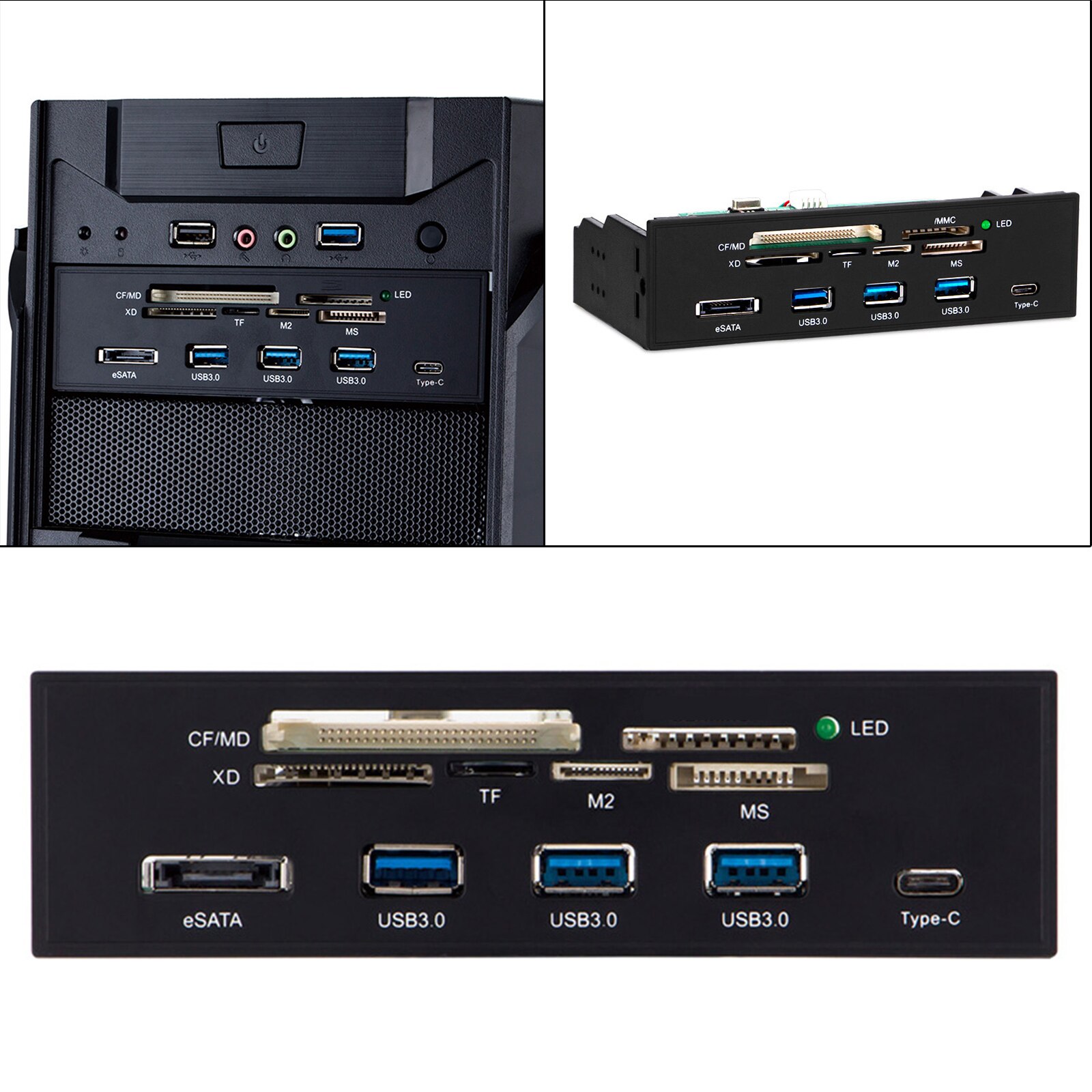 Internal Card Reader Front Panel Hub with 3 USB 3.0 Ports Supports M2 SD MS XD CF Card High Speed for Computer