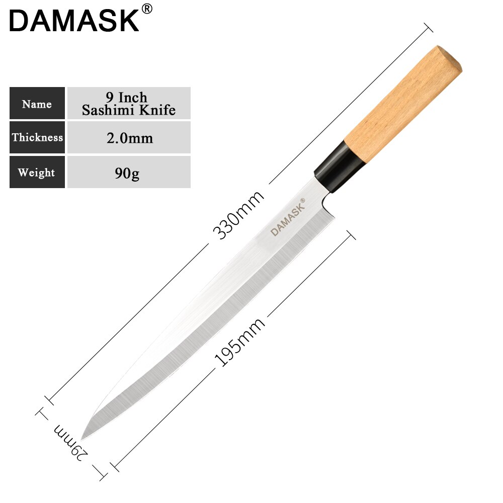Damask køkkenkniv rustfrit stål knive sæt træskaft ultra skarp sashimi santoku chop kokkekniv madlavningstilbehør: 9 tommer sashimi
