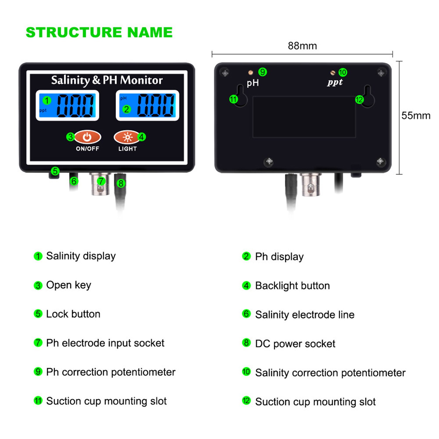 2-en-1 PH/salinité moniteur de de l'eau pH et salinité moniteur mètre eau de mer salinité moniteur PH de l'eau testeur