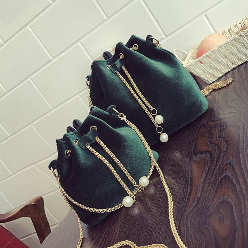 2 maten merk velours parelketting schoudertassen dames mini handtassen bucket hilly tote bag dames crossbody bolsas: Groente / Klein