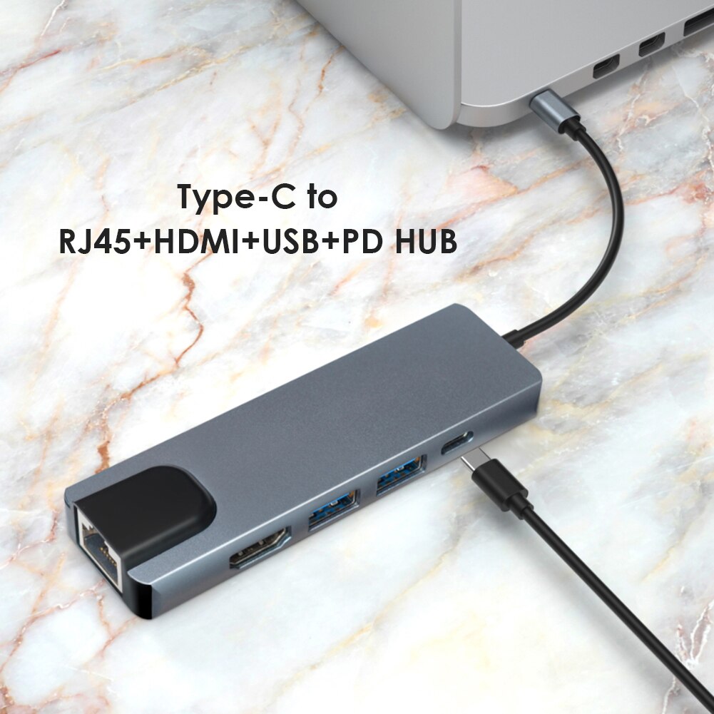 4K HDMI-compatible 2 USB3.0 PD RJ45 Adapter Notebook Smartphone Expansion Converter 5 in 1 USB 3.1 Type-C HUB Converter Splitter