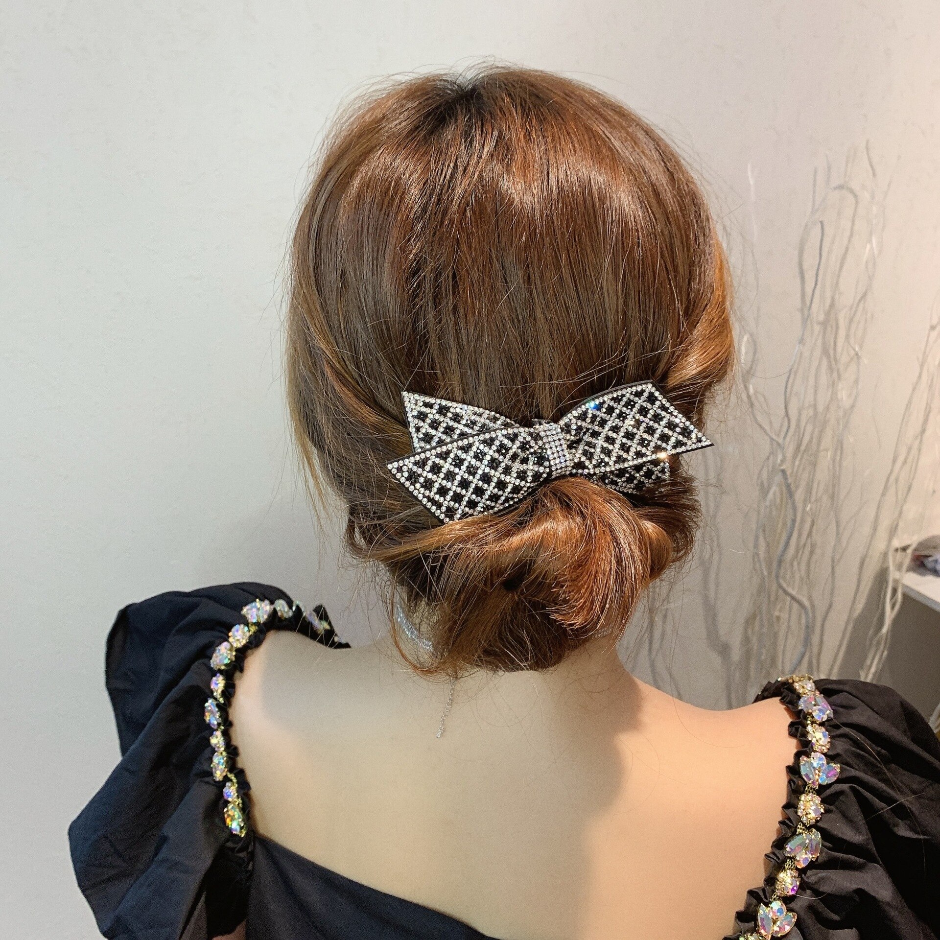 Korean Hair Accessories Black Shinning Rhinestone Paved Big Bowknot Hair Jewelry Hairclip