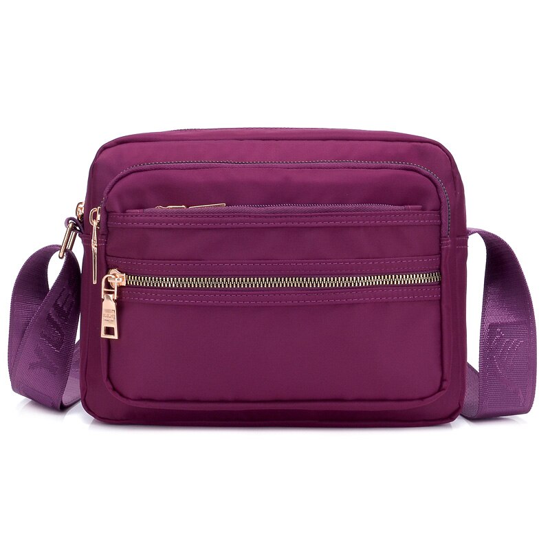 Women Solid Color Zipper Waterproof Nylon Shoulder Bag Female Crossbody Bag Ladies Bolsa Waterproof Travel Messenger Bag: Purple