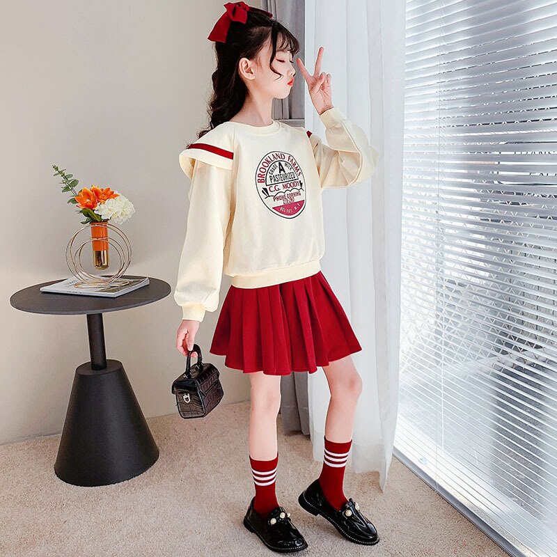 Set di vestiti per ragazze primavera 2022 nuovi abiti per bambini scuola ragazza maglione gonna corta Set di due pezzi felpa completi