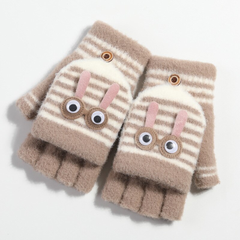 Balleenshiny Kinderen Handschoenen Kids Wanten Winter Plus Fluwelen Warme Tas Vinger Cartoon Gestreepte Half Vinger Gebreide Handschoenen: Khaki