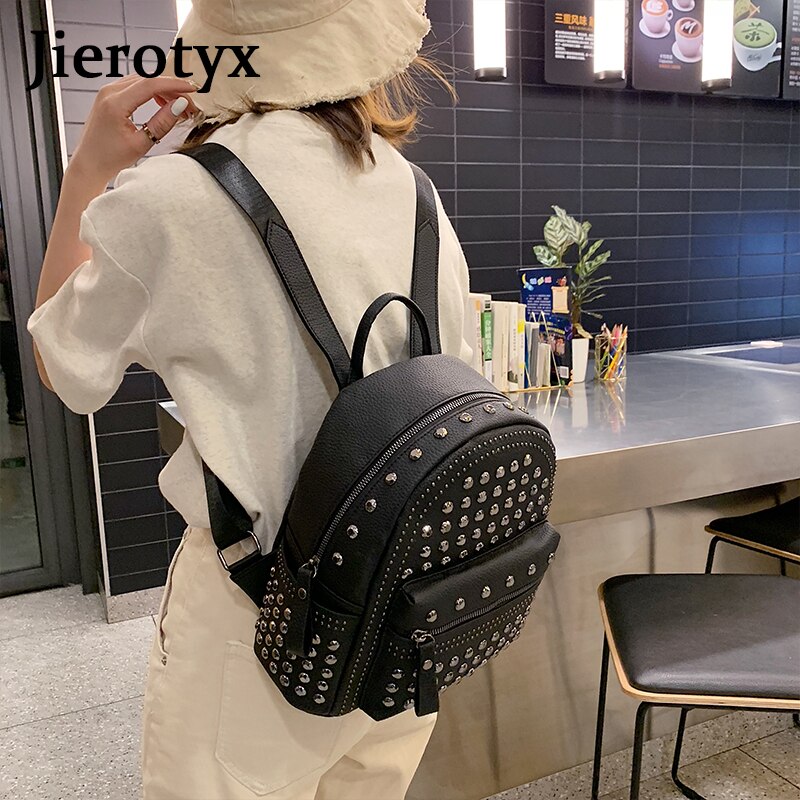 JIEROTYX Neue Preppy Freizeit Rucksack Frauen lässig Daypacks Frauen Soild Reißverschluss Niet Schulter Taschen Soild