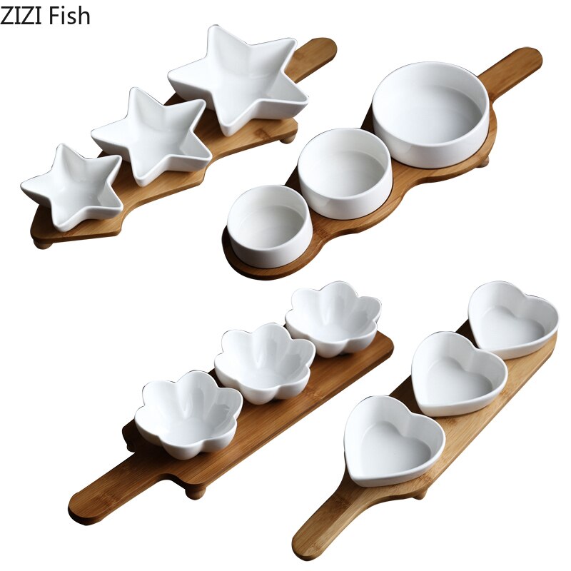 Japansk stil keramisk snackplade sæt dessertplader frugtplade runde snackskåle med træpaller