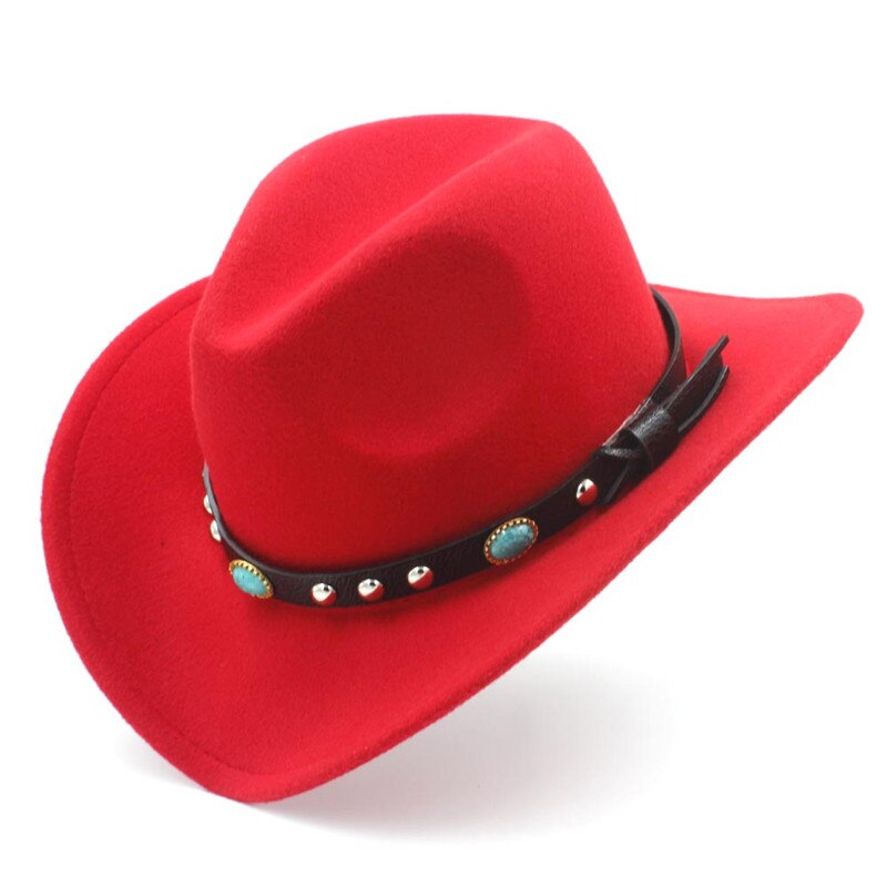 LUCKYLIANJI Wool Felt Western Cowboy Hat For Kid Child Wide Brim Cowgirl Kallaite Braid Leather Band (Size:54cm,Adjust Rope): Red