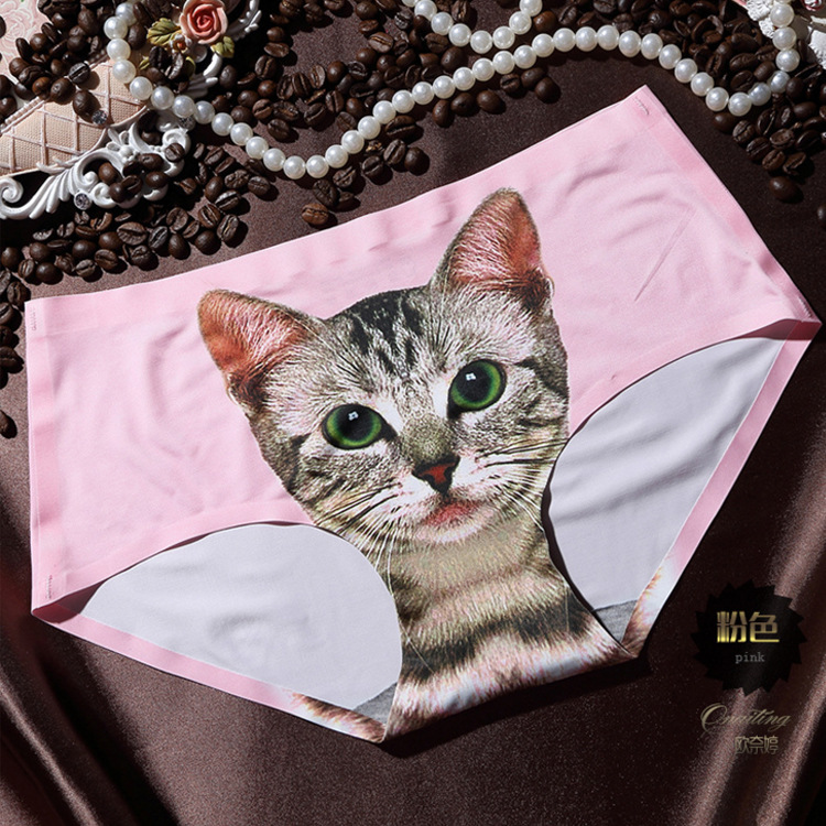 3D Cat Middle Waist Sexy Girl Underwear Cartoon Ice Silk Printed Cat Head Briefs Meow Star Man Thong Panties Underwear Women: Pink / M