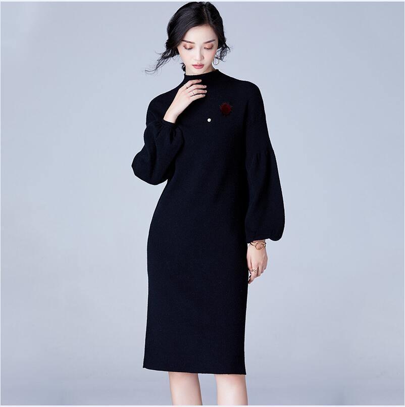 Autumn Winter Women sweaters Dresses Spring Solid Knitted Sweater Dress: Black / M