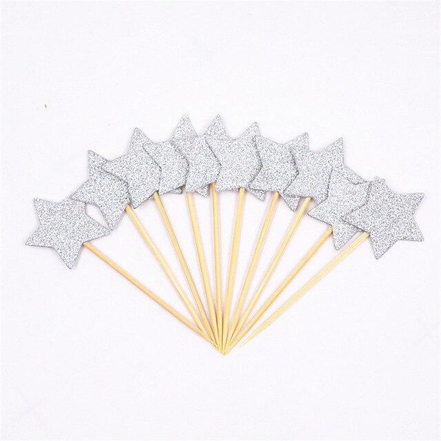10pcs Mini Star Cupcake Toppers Birthday Cake Topper Cake Decoration Wedding Party Decorations Cake Flags Party Supplies: Silver