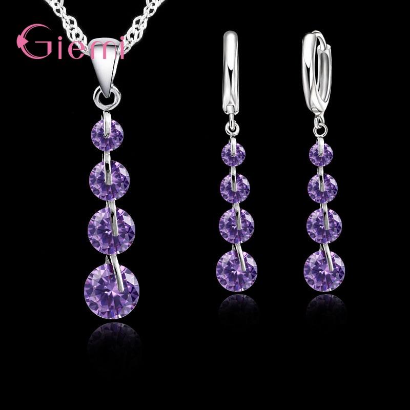 Real Romantic 925 Sterling Silver Cubic Zirconia Crystal Pendant Necklace Earrings Jewelry Set For Women Choker Wedding: Pink