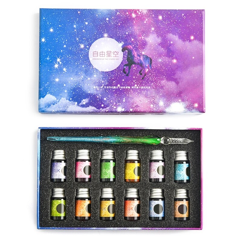 Crystal Starry Sky Glass Ink Pen Glass Dip Pen For Writing Fountain Pen Set 40JB